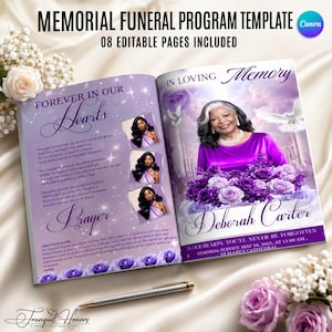 May include: A memorial funeral program template featuring eight editable pages with a purple theme. The cover displays a portrait of a person in a purple top, surrounded by purple roses, white doves, and the text In Loving Memory Deborah Carter.