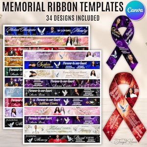 May include: A digital collection of 34 memorial ribbon templates featuring various color schemes, floral accents, white doves, and customizable text fields for names, sunrise and sunset dates, and the phrase Forever in our heart.