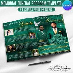 May include: A memorial funeral program template with eight editable pages featuring a deep green background with rose patterns, gold text, and photos of a person in a green suit. The text includes In Loving Memory, David Johnson, and tribute sections.