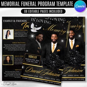 Puede incluir: Una plantilla de programa funerario conmemorativo con fondo negro, texto dorado, rosas negras y una paloma blanca. El diseño incluye marcadores de posición para fotos, el nombre David Johnson, fechas y detalles, con 08 páginas editables.