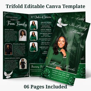 May include: A trifold funeral programme template in dark green with white text and floral accents. The cover features a photo of a person, the name Amelia Brooke, and dates. Inside panels include sections for tributes, order of service, and photos.