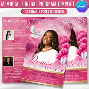 Könnte beinhalten: Eine Vorlage für ein Trauerprogramm mit rosa Hintergrund, Rosen und weißen Tauben. Das Design enthält Platz für ein Porträt, den Namen Denise Walker, den Text In Loving Memory sowie die Daten 19. Juni 1969 bis 30. März 2026.