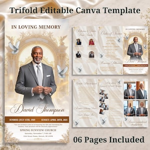 Könnte beinhalten: Eine dreifach gefaltete Vorlage für ein Trauerprogramm mit dem Porträt eines Mannes im grauen Anzug, einem goldenen Torbogen und weißen Tauben. Der Text enthält IN LOVING MEMORY, David Thompson, Sunrise: July 15th, 1969, Sunset: April 20th, 2025, und Spring Sunview Church.