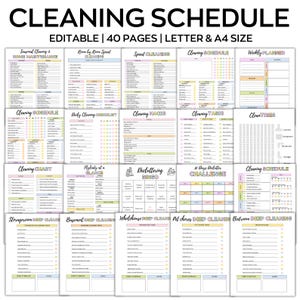 Op de afbeelding: Een afdrukbaar schoonmaakschema met de tekst "CLEANING SCHEDULE EDITABLE | 40 PAGES | LETTER & A4 SIZE". De pagina's bevatten checklists voor verschillende schoonmaaktaken, zoals seizoensgebonden schoonmaak, snelle schoonmaak en weekplanning.