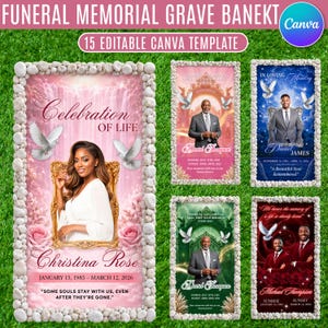 May include: A set of 15 editable Canva templates for funeral memorial grave plaques. The designs feature rectangular frames bordered by white stones, displaying portraits, doves, floral motifs, and text such as Celebration of Life.