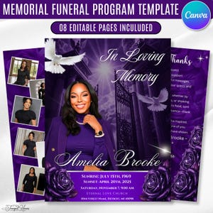 May include: A purple memorial funeral programme template with eight editable pages. The design features a central portrait of a person, white doves, and dark roses. Text includes In Loving Memory, Amelia Brooke, and dates of birth and death.