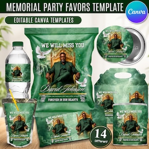 May include: A memorial party favor template set featuring green-themed designs with a man in a suit sitting on a gold throne, white doves, and the text WE WILL MISS YOU, David Johnson, FOREVER IN OUR HEARTS, including water bottle labels and snack bags.