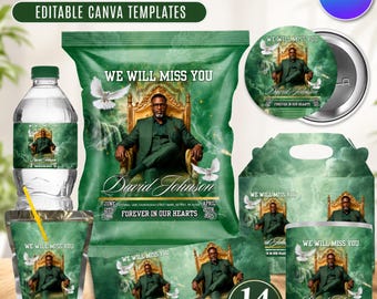 Green Custom Memorial Party Favor Template, Celebration of Life Chip Bag, Water Bottle, Pin Button, Personalized Funeral Printable Keepsake