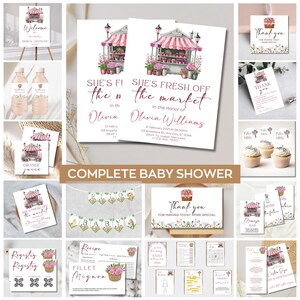 Op de afbeelding: Een verzameling baby shower briefpapier met een bloemenmarkt thema. Inclusief uitnodigingen, bedankkaarten, registratiekaarten en een welkomstbord. Het kleurenpalet bevat roze, wit en groen.