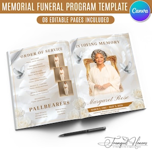 Può includere: Un modello di programma funebre con otto pagine modificabili, sfondo di rose bianche, colombe e una cornice dorata. Il testo include Order of Service, In Loving Memory, Margaret Rose e le date 5 marzo 1985 - 3 maggio 2026.