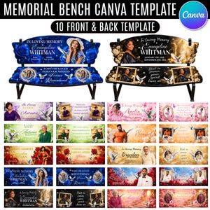 Puede incluir: Un conjunto de plantillas de Canva para bancos conmemorativos con 10 diseños de frente y dorso. Los diseños incluyen campos de texto personalizables para nombres y fechas, marcos de fotos, motivos florales e imágenes de palomas en varios colores.