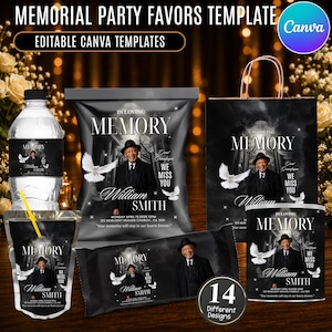 May include: A digital memorial party favor template set featuring editable Canva designs. The black and white theme includes a water bottle label, chip bag, gift bag, and snack wrapper, all displaying a portrait of a man, white doves, and text.