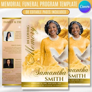 May include: A memorial funeral program template featuring a gold color scheme with yellow roses and a white dove. The text reads In Loving Memory, Samantha Smith, February 10, 1980, May 20, 2025, and Memorial Funeral Program Template 08 Editable Pages Included.