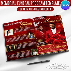 Pode incluir: Um modelo de programa funerário com oito páginas editáveis, apresentando um fundo vermelho profundo com padrões de rosas, texto dourado e fotos de um homem de terno vermelho. O texto inclui In Loving Memory e David Johnson.