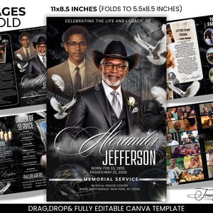May include: An 8-page bifold memorial service program template measuring 11x8.5 inches, folding to 5.5x8.5 inches. The design features a portrait of a man in a cowboy hat, white doves, a clock, and photo collages celebrating the life of Alexander Jefferson.