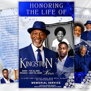 Könnte beinhalten: Eine Vorlage für ein Gedenkprogramm mit blauem Design und dem Text Honoring the Life of Kingston Xavier Rose, geboren am 10. Februar 1955, verstorben am 22. Mai 2026. Es enthält Fotos eines Mannes im blauen Anzug mit Hut, eines Jungen und eines jungen Mannes.