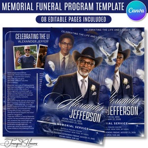 May include: A memorial funeral program template featuring eight editable pages with a deep blue background, white doves, and clock imagery. The design includes placeholders for photos, the name Alexander Jefferson, and service details in white text.