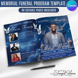 May include: A memorial funeral programme template with 8 editable pages featuring a dark blue sky background with white doves, candles, and an archway. The text includes In Loving Memory, Robert Brooke, dates, and family tribute sections.