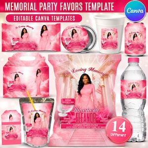 May include: A digital memorial party favors template set featuring pink cloud backgrounds, white columns, and angel wings. The designs include text reading In Loving Memory, Anastasia Eleanor, and dates, displayed on chip bags, water bottles, and cups.