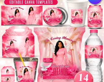 Custom Pink Memorial Party Favor Template, Celebration of Life Chip Bag, Water Bottle, Pin Button, Personalized Funeral Printable Keepsake