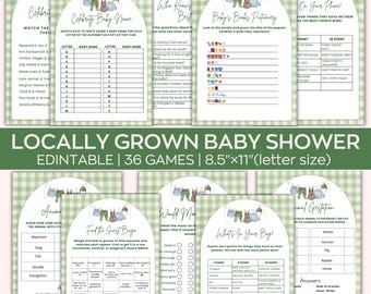 Edytowalny pakiet gier na baby shower z lokalnie uprawianych produktów, gra na targu farmerskim, aktywności na baby shower Little Sprout