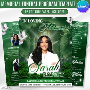 May include: A digital memorial funeral program template featuring eight editable pages with a dark green background, white doves, and green roses. The design includes text such as In Loving Memory, Sarah Robert, and Saturday, November 7, 9:00 AM.