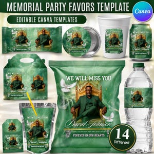 May include: A collection of memorial party favor templates featuring a green theme with a person in a suit sitting on a gold throne. The text reads WE WILL MISS YOU and FOREVER IN OUR HEARTS. Items include chip bags, water bottle labels, and cups.