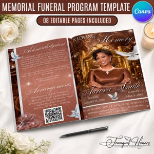 Può includere: Un modello di programma funebre commemorativo con otto pagine modificabili. Il design presenta toni marroni con rose bianche, colombe e il ritratto di una persona. Il testo include In Loving Memory, Aurora Smith e i dettagli.