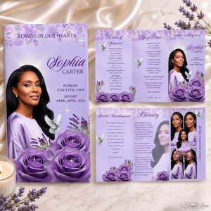 May include: A tri-fold funeral program in shades of light purple featuring a portrait of Sophia Carter, lavender floral accents, and white dove graphics. The text includes 'Always In Our Hearts', 'Order of Service', 'Obituary', and dates.
