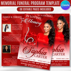 May include: A memorial funeral program template featuring a red background with rose imagery and a string of pearls. The design includes text fields for a name, dates, and tributes, alongside placeholders for photographs of the deceased.