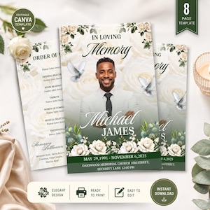 Può includere: Un modello di programma funebre con il ritratto di un uomo in abito, circondato da rose bianche e colombe in volo. Il testo recita In Loving Memory, Michael James, May 29, 1991 - November 6, 2025, e Oakwood Memorial Church 1001 Street.