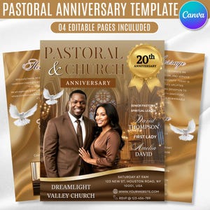 May include: A digital template for a pastoral anniversary event featuring a gold and brown color scheme. The design includes a photo of a couple, a 20th anniversary gold seal, white doves, and text detailing the church event and contact info.