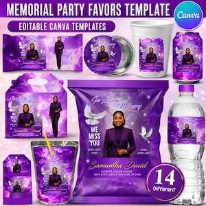 May include: A collection of memorial party favor templates featuring a purple cloud background, white doves, and a portrait of a person in a suit. The text reads In Loving Memory, We Miss You, and Samantha David, with dates and location details.