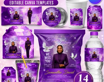 Purple Custom Memorial Party Favor Template, Celebration of Life Chip Bag, Water Bottle, Pin Button, Personalized Funeral Printable Keepsake