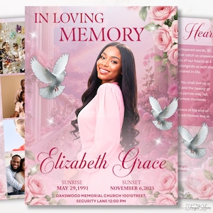 May include: A memorial program featuring a portrait of a person with long dark hair wearing a pink dress. The design includes pink roses, white doves, and the text IN LOVING MEMORY, Elizabeth Grace, SUNRISE MAY 29, 1991, SUNSET NOVEMBER 6, 2025.