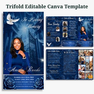 May include: A trifold funeral program template in deep blue with white text. The cover features a portrait of Amelia Brooke, white doves, and blue roses. The interior panels include an order of service, family tributes, and photo collages.