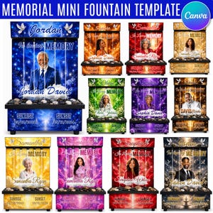 Può includere: Una collezione di modelli digitali per mini fontane commemorative con ritratti, nomi e date personalizzabili. Ogni design include il testo In Loving Memory, Sunrise e Sunset, con vari temi di colore e grafiche decorative con colombe.