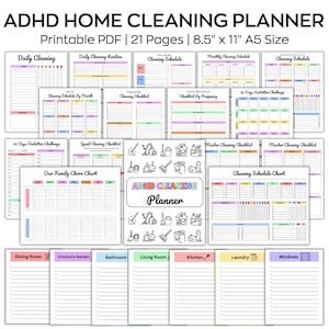 ADHD-schoonmaakplannerbundel, gezinskarwei, schoonmaakchecklist, schoonmaakschema, schoonmaakkaart, opruimuitdaging