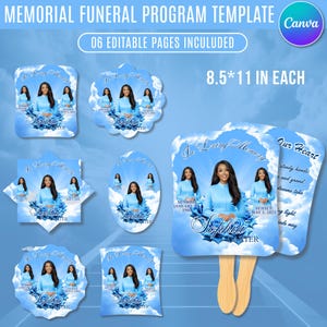 Pode incluir: Um modelo de programa funerário comemorativo com seis páginas editáveis, cada uma medindo 21,6 por 27,9 cm. O design exibe um céu azul com nuvens, rosas azuis e o texto In Loving Memory, Sophia e Sunrise January 1980 Sunset May 5, 2025.