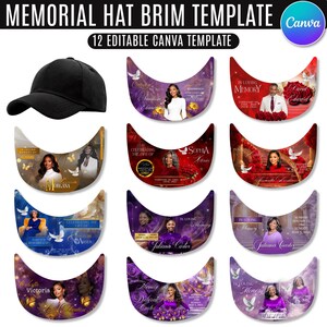 Peut inclure: Une collection numérique de 12 modèles de visières de casquette commémoratives modifiables avec des portraits, des motifs floraux, des colombes et du texte comme In Loving Memory. Inclut une casquette noire et le logo Canva.