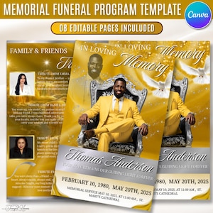 May include: A memorial funeral programme template featuring a gold and white colour scheme with a central image of a person in a yellow suit sitting on a throne. The design includes white doves, sparkling light effects, and text fields for names and dates.