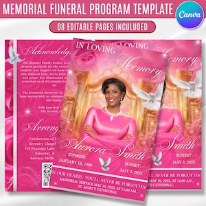 May include: A pink memorial funeral program template featuring a portrait of a person in a pink long-sleeve top, white doves, and golden pillars. The text includes IN LOVING MEMORY, Aurora Smith, sunrise and sunset dates, and service details.