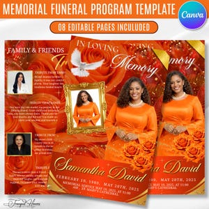 Pode incluir: Um modelo de programa funerário com fundo de rosas laranja, uma pomba branca e detalhes dourados. O design inclui espaços para fotos, o texto In Loving Memory, Samantha David, datas e detalhes do serviço funerário.