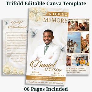 May include: A trifold funeral program template featuring white roses, flying doves, and gold text. The design includes a central portrait of a man, photo collages, and text reading In Loving Memory, Daniel Jackson, Sunrise, Sunset, and memorial quotes.