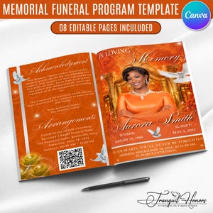 Pode incluir: Um modelo de programa funerário comemorativo com oito páginas editáveis em um tema laranja. O design inclui uma fotografia de uma pessoa, pombas brancas, rosas e texto como In Loving Memory, Aurora Smith e detalhes do serviço.