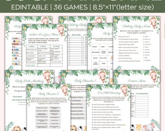 Editable Safari Animals Baby Shower Games Bundle, Jungle Animals Baby Shower Games, Greenery Safari Animals Baby Shower, Gender Neutral