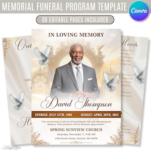 May include: A memorial funeral program template featuring eight editable pages. The design includes a portrait of a man, white doves, and golden gate imagery. Text includes In Loving Memory, David Thompson, dates, and church service details.