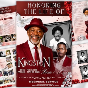 May include: A funeral program template featuring a maroon theme with a portrait of an older man in a maroon suit and hat, a younger man, and a boy. Text includes HONORING THE LIFE OF, KINGSTON, BORN FEB 10, 1955, PASSED MAY 22, 2026, and MEMORIAL SERVICE.