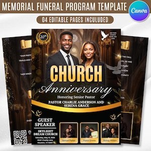 Op de afbeelding: Een sjabloon voor een herdenkingsprogramma met vier bewerkbare pagina's in een zwart-gouden thema. Het ontwerp bevat de tekst Church Anniversary, Honoring Senior Pastor, Pastor Charlie Anderson and Serena Grace en Guest Speaker.
