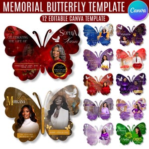 May include: A collection of 12 butterfly-shaped memorial templates for Canva, featuring customisable photo slots, text fields for names and dates, and decorative elements like doves, roses, and varied colour schemes for funeral programmes.